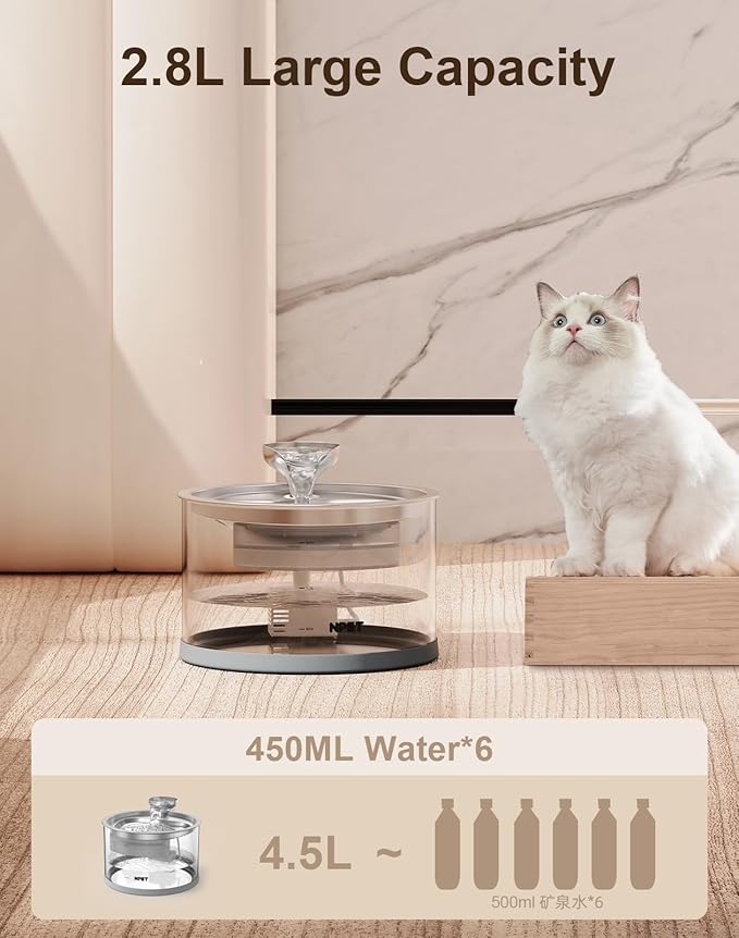 NPET N280 Cat Water Fountain Glass, 95oz/2.8L Automatic Pet Fountain Dog Stainless Steel Tray, Water Dispenser for Cats, Dogs, Multiple Pets (Water Fountain + 1 Filters)
