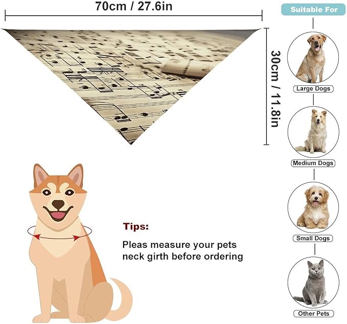 Dog Bandana Spring Pet Scarf Adjustable Triangle Sheet Music Printing Dog Bib Washable Polyester Puppy Bandana for Small Medium Large Dogs Cat Birthday Party Supplies