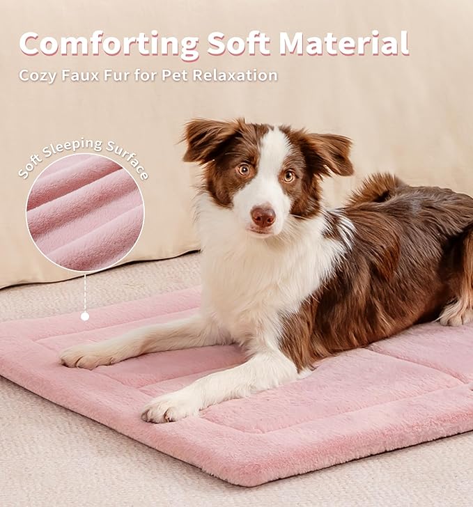Made4Pets Dog Crate Pad Bed for Large Dogs, Washable & Reversible, Anti-Slip Kennel Mat for Cozy Sleeping, Soft Fluffy Dog Bed for Indoor & Outdoor Use, 44"x32", Pink