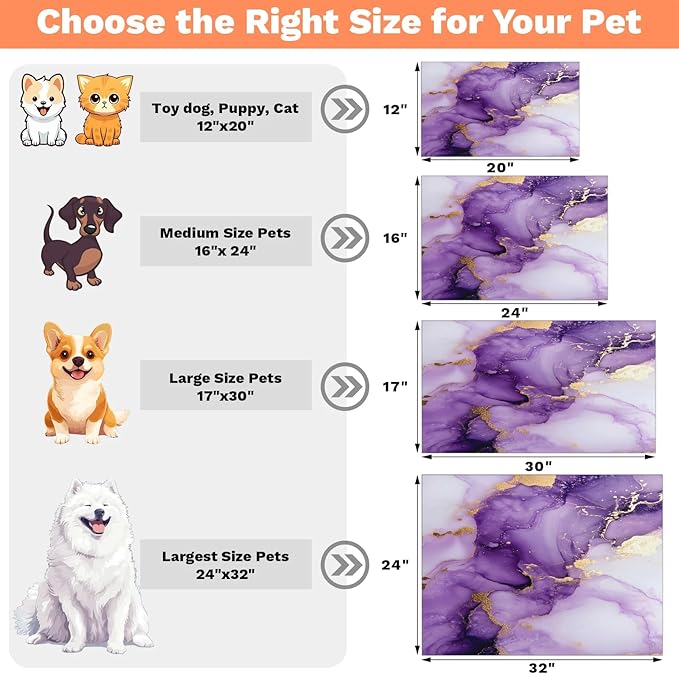 Marble Dog Food Mat for Floors Absorbent, Quick Dry Water Dispenser Mat for Food, Water, Pet Supplies 12" x 20", Purple Gold Abstract