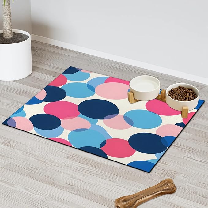 Polka Dot Dog Food Mat for Floors Absorbent Dog Bowl Mat for Food and Water Dispenser Quick Dry Cat Food Placemat Pet Supplies 17" x 30", Boho Circle