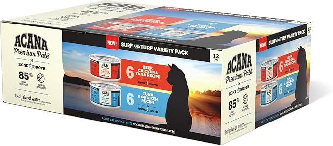 ACANA Premium Pate Wet Cat Food in Bone Broth Variety Pack: Surf and Turf – Beef Chicken & Tuna + Tuna & Chicken Recipes 3oz Cans (12 Count, 6 of Each)