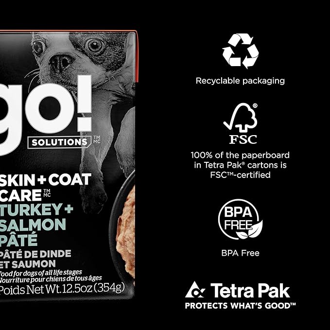 Go! Solutions Skin + Coat Care, Wet Dog Food, Turkey and Salmon Pâté with Grains for Sensitive Skin, 12.5 oz (Pack of 12)