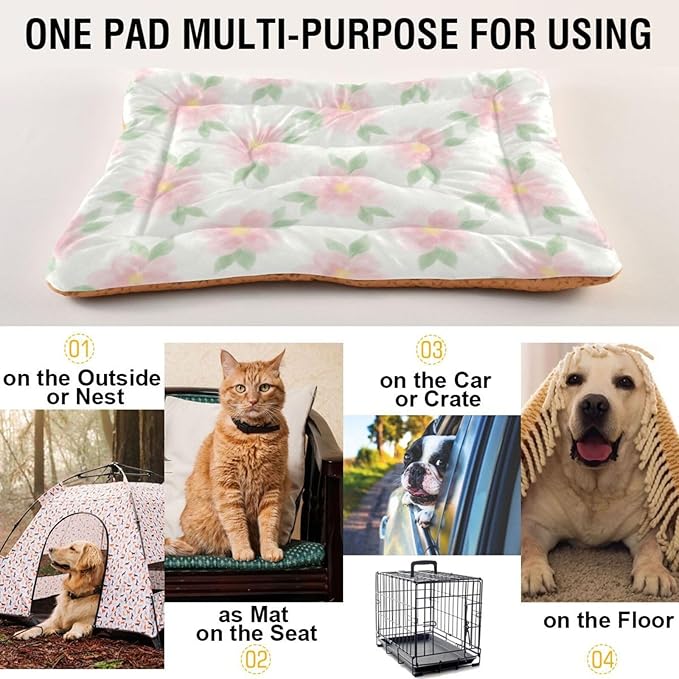 Dog Bed for Crate Washable Pet Sleep Pad, Floral Print Kennel Mat with Non-Slip Bottom, Soft Fluffy Supplies Pet for Dogs and Cats (24x18 inch)