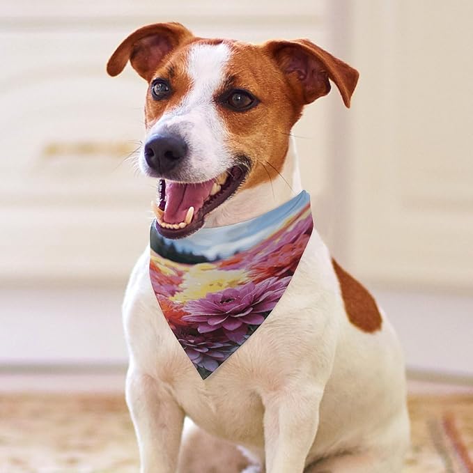 Dog Bandana Spring Pet Scarf Adjustable Triangle Rainbow Flower Sea Printing Dog Bib Washable Polyester Puppy Bandana for Small Medium Large Dogs Cat Birthday Party Supplies