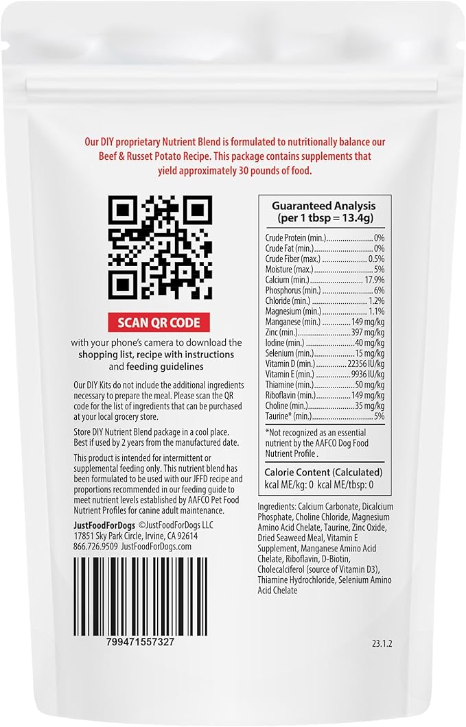 Just Food for Dogs Nutrient Blend, Vitamins and Supplements for Homemade Dog Food, Beef and Russet Potato, DIY Fresh Pet Meals and Toppers, Human Grade Quality, Dog Multivitamin Additive, 4.55oz