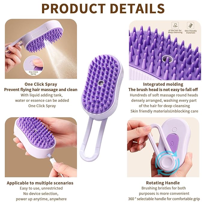 2 Pcs Pet Spray Massage Brush, Cat Hair Steam Brush for Shedding,Cleaning Pet Brush for Massage and Bathing with One Click Spray,Silicone Grooming Spray Comb with 360° Rotating Arm