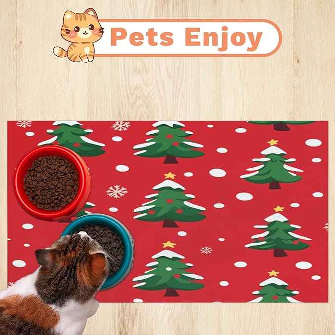 Winter Tree Dog Food Mat for Floors Absorbent, Quick Dry Water Dispenser Mat for Food, Water, Pet Supplies 16" x 24", Christmas Snowflake