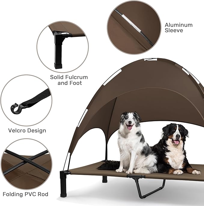 Heeyoo Elevated Dog Bed with Canopy, Portable Dog Cot with Removable Shade Tent, Outdoor Raised Pet Cot Cooling Bed for Dogs