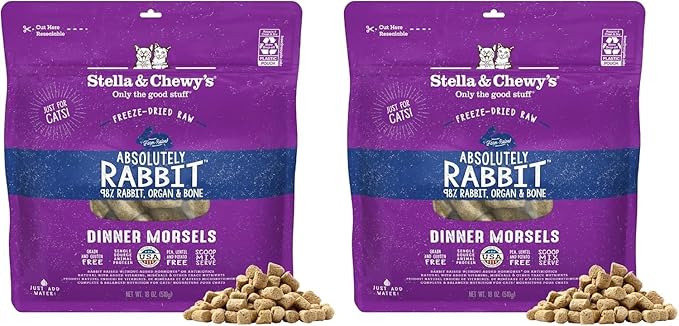 Stella & Chewy's Freeze-Dried Raw Cat Dinner Morsels - Premium Rabbit Recipe with 98% Responsibly-Sourced Meat & Organs - Natural Grain-Free Cat & Kitten Food - Made in USA - 18oz (Pack of 2)