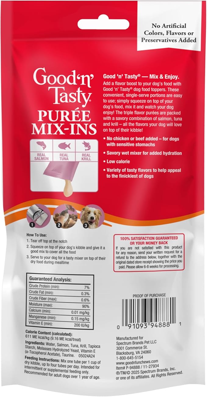 Good 'n' Tasty Triple Flavor Puree Mix-Ins Dog Food Topper Treats for All Dogs, 7 Count, Easy Single-Serve Portions, Added Protein with Salmon, Tuna and Krill, No Chicken or Beef Added