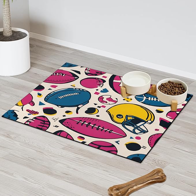 Rugby Dog Food Mat for Floors Absorbent, Quick Dry Water Dispenser Mat for Food, Water, Pet Supplies 17" x 30", American Footbal