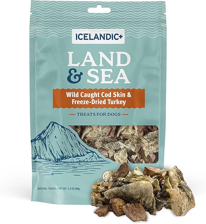 Icelandic+ Land & Sea Wild Caught Cod Skin & Freeze-Dried Turkey - 2.4oz Bag, Dog Treat & Food Topper, 2 Ingredients, No Preservatives, All Natural