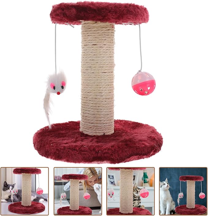 Luxshiny Double-Layer Indoor Cat Scratching Post with Plush Hanging Balls and Sisal Scratching Pillar Vertical Reusable Cat Activity Tower Burgundy Color Random Color