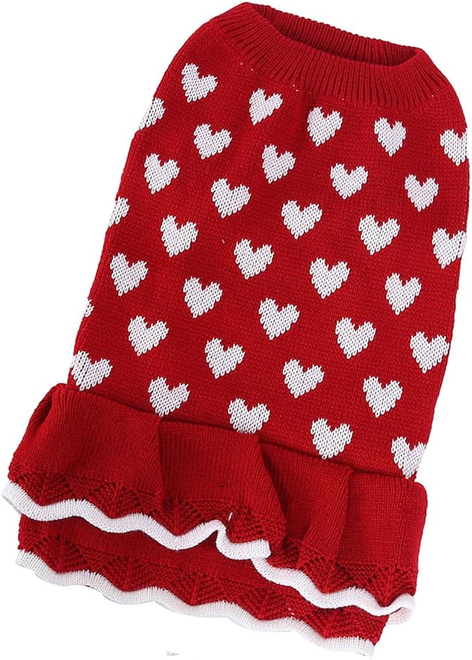Lovely Heart Pattern Designs Dog Sweater Dress for Valentines Day Small Pet Winter Knitwear Birthday Gift Supply Knitdress
