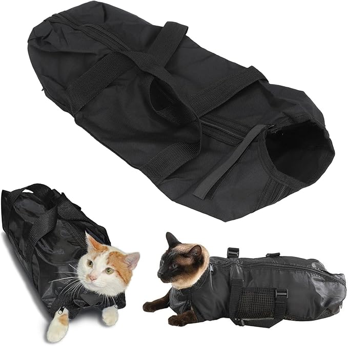 Cat Grooming Bag, Pet Bathing Restraint Bag, Breathable Multifunctional, for Bathing Nail Trimming Injections, Front Rear Zipper Openings, 2 Handles Hanging Hook