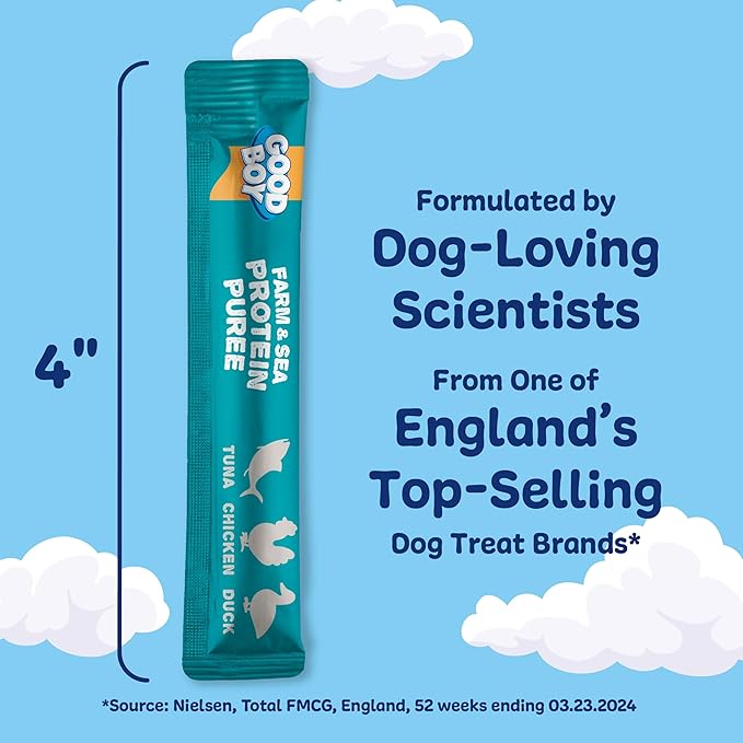 Good Boy Farm & Sea Protein Purees Dog Food Mixers for All Adult Dogs, 10 Count, Easy Single-Serve Triple Flavor Topper Treats with Tuna, Chicken and Duck