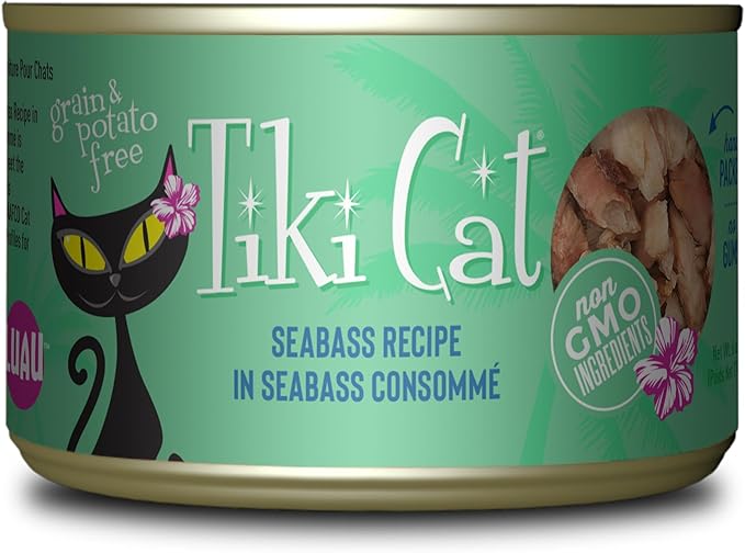 Tiki Cat Luau Shredded Meat, Seabass Recipe in Seabass Consumme, Grain-Free Balanced Nutrition Wet Canned Cat Food, For All Life Stages, 6 oz. Can (8 Count)