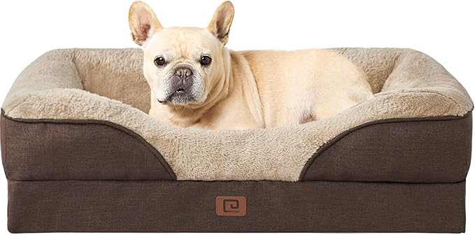 EHEYCIGA Orthopedic Dog Bed for Medium Dog, 30x20x6.5 Inch Memory Foam Dog Couch Bed with Sides, Waterproof Liner & Washable Removable Cover, Bolster Pet Sofa, Brown
