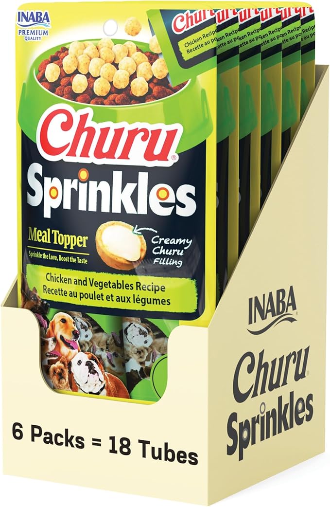 INABA Churu Sprinkles for Dog, Soft & Chewy Churu Filled Dog Meal Toppers with Vitamin E and Green Tea Extract, 1.05 oz. per Pack, 18 Packs Total, Chicken and Vegetable Recipe