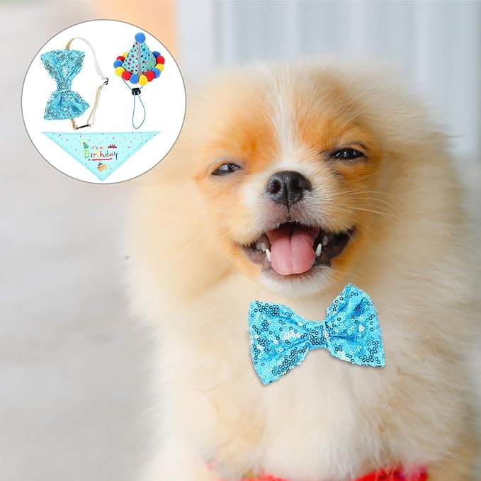 Tofficu Dog Birthday Bandana and Hat Set for Pets Blue Cotton Scarf with Birthday Hat Dog Party Decoration Supplies Celebration