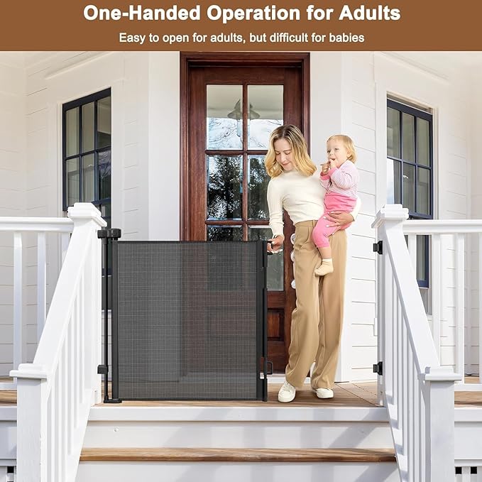 100" Wide Weatherproof Outdoor Retractable Baby Gates for Decks with No Rust Screws and Rods, Waterproof 8 Ft Extra Wide Baby Gate for Large Opening, Scratch-Resistant Mesh Retractable Dog Gate, Black