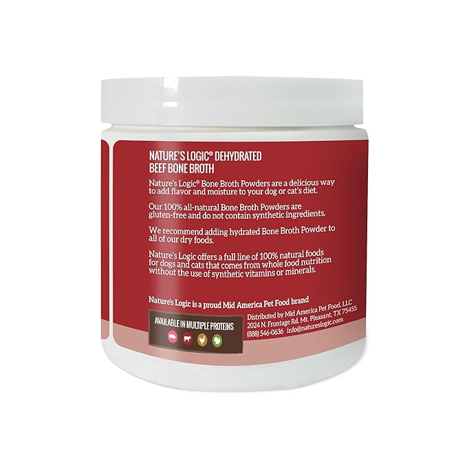Nature's Logic Dehydrated Bone Broth Powder - 100% Natural Dog & Cat Topper - Rich in Glucosamine & Chondroitin - Boosts Immune System - Gluten-Free, No Synthetic Ingredients - Beef, 6oz
