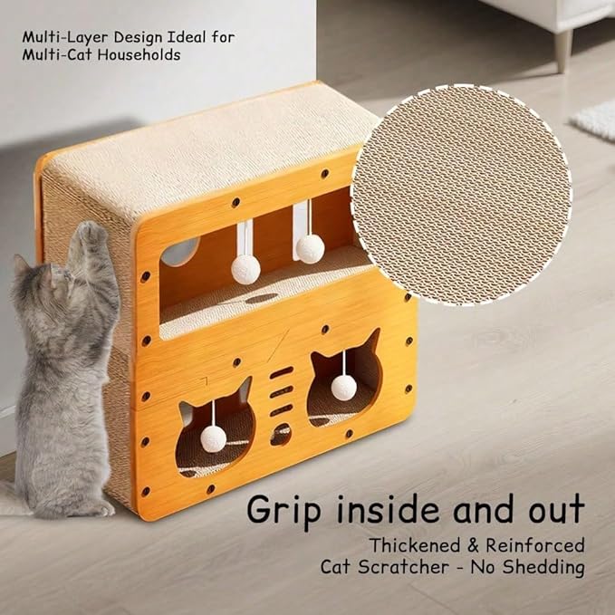 Multi-Function Cat Scratcher House Box,3-in-1 Scratch Pad and Soft Bed & Play Cave with Toys, Durable Build & Ideal for Cats/Kitty (Yellow,MD-CAT2)