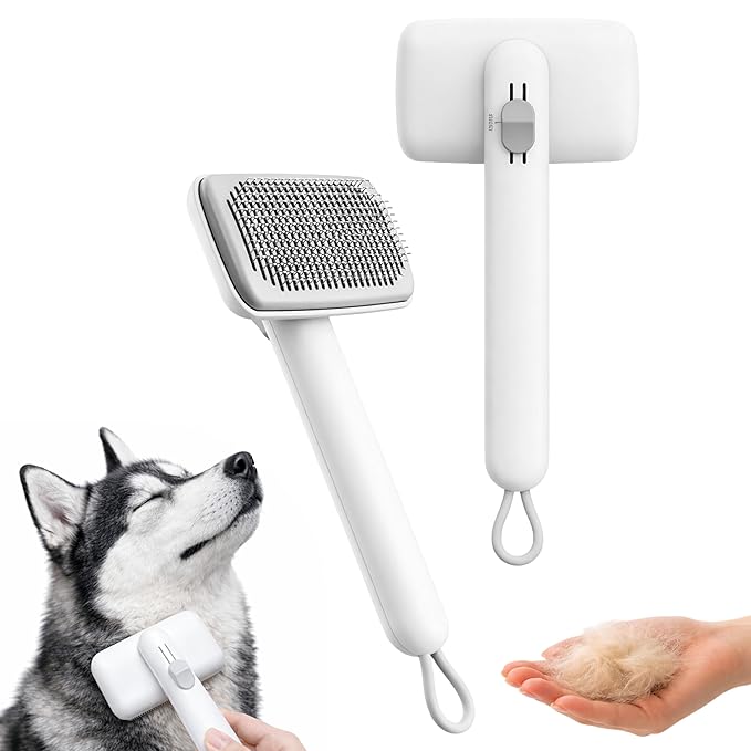 Self Cleaning Slicker Brush - Skin Friendly Deshedding Grooming Tool for Dogs & Cats, Suitable for Shedding & Haired Pets, with Pet Supplies Accessories (White)