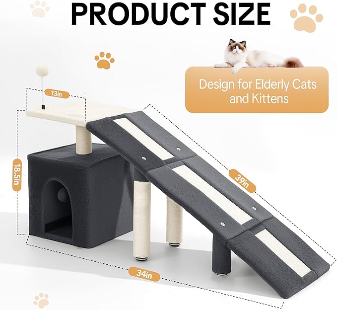 HOMBYS Cat Ramp for Bed, Gentle Slope Bed Access Ramp with Fun Spring Ball Toy & Sisal Scratching Posts, Soft Pet Ramp for Elderly Cats, Joint-Friendly Alternative to Cat Stairs