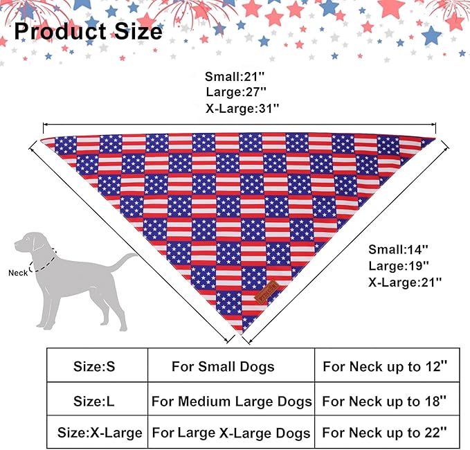 PTDECOR American Flag Dog Bandana, USA Plaid Flag Pet Scarf, 4th of July Adjustable Triangle Patriotic Bandana for Medium Large Dogs Pets (Large)
