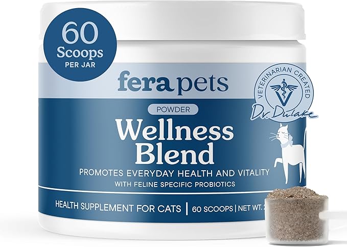 Fera Pets Wellness Blend - Cat Health Supplement with Feline-Specific Probiotics, Taurine and Lysine - Promotes Healthy Joints, Immunity, Heart & Bladder -Powder - 60 Scoops