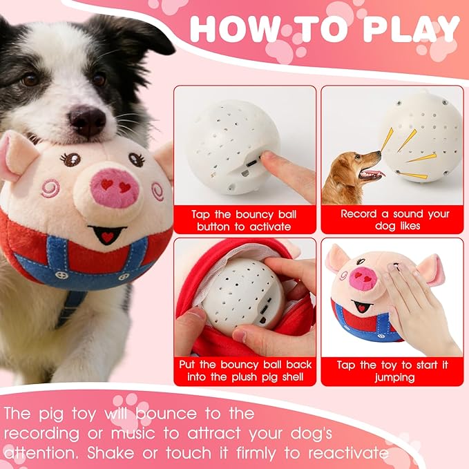 Interactive Dog Toys, Jumping Pig Dog Toys with Bounce, Recording and Music Modes, Active Moving Pet Plush Toy, Washable Cartoon Pig Plush Toy for Puppies/Small/Medium/Large Dogs (Red)