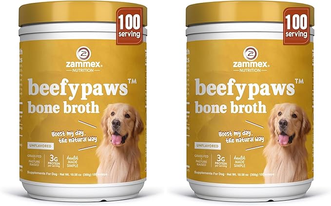 Zammex Grass-Fed Beef Bone Broth Protein Powder for Dogs & Cats - Joint & Bone Support, Healthy Fur Enhancer, Pet Food Topper for Dry & Wet, 10.58oz (Pack of 2)