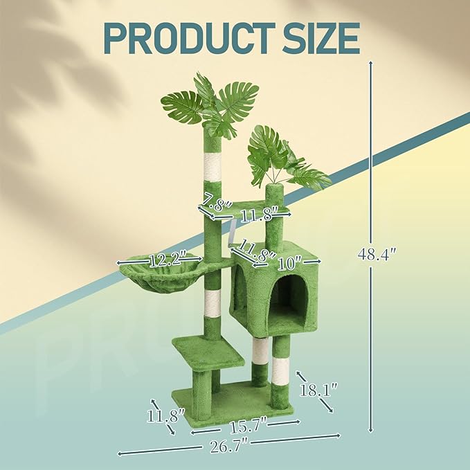 48in Plush Cat Tree with Leaves, Multi-Level Cat Tower with Scratching Post, Cozy Condo & Padded Perch, Dangling Ball for Kittens and Indoor Cats, Compact Cat Furniture for Small Spaces, Green