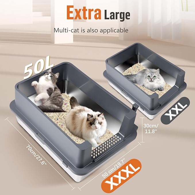 Extra Large Stainless Steel Litter Box, XXXL 27.6" H x 19.7" W x 11.8" H Metal High Sided Cat Litter Box with Scoop, Leak-Proof, Easy Clean for Big Cats/Multiple Cats (Dark Grey)