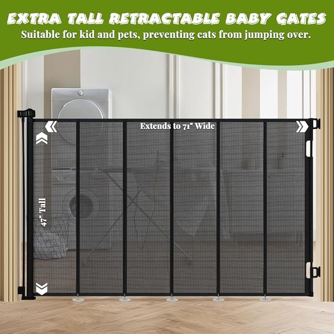 47" Extra Tall Retractable Baby Gates, Extends to 71" Wide, ExtraTall Retractable Safety Gate with Reinforced Strips, Retractable Tall Dog Gates for Doorways Mesh Baby Pet Gates Indoor, Black