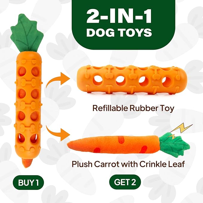 Fida 2-in-1 Puppy Teething Toys, Natural Rubber Chew Toys for Dogs to Keep Them Busy & Plush Toys with Crinkle Leaves, Interactive Dog Toys for Small Medium Breeds and Puppies.(Carrot)