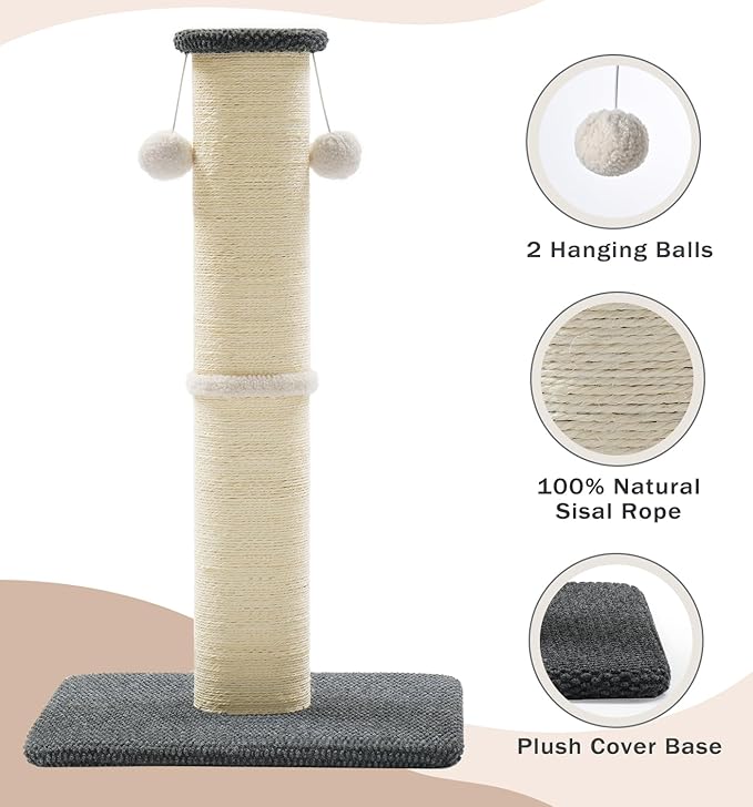 Made4Pets Tall Cat Scratching Post, 23.6" Natural Sisal Cat Scratcher with Hanging Balls, Heavy Duty and Thicker Scratching Post for Indoor Cats Adults, Sturdy Base Cat Scratch Post, Dark Grey