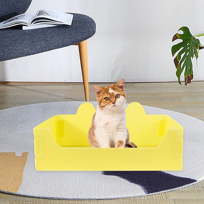 Cat Travel Toilet Large Capacity Open Litter Pan Potty for Indoor Cats Adorable Funny Design- Yellow