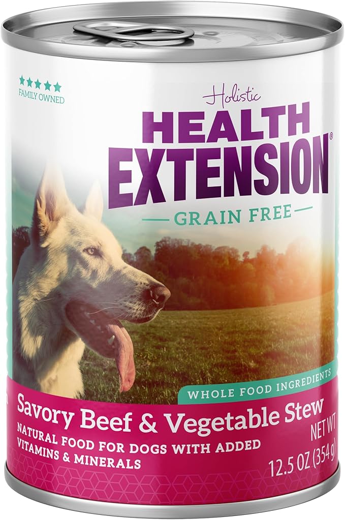 Health Extension Wet Dog Food Canned, Gluten & Grain-Free, Natural Food for All Puppies & Dogs with Added Vitamins & Mineral, Savory Beef & Vegetable Stew Recipe (12.5 Oz / 374 g) (Pack of 12)