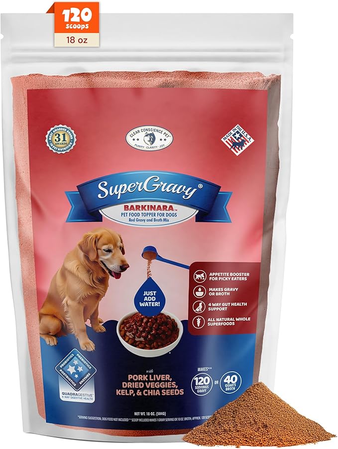 CLEAR CONSCIENCE PET® SuperGravy® Barkinara™ | Natural Dog Food Gravy Topper – Hydration Broth Food Mix – Human Grade – Kibble Seasoning for Picky Eaters – Gluten & Grain Free (18 oz. (120 Scoop))