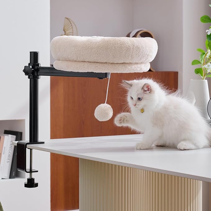 BYBYME Cat Desk Bed for Indoor Cats, Kitty Bed for Desk Supports 44 lbs, 360° Rotation & Adjustable, Soft Cat Nest Desktop with Hanging Ball for Office Desks Home Tables, 12" in Diameter（White）