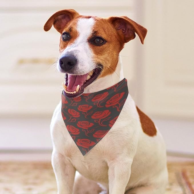 Dog Bandana Spring Pet Scarf Adjustable Triangle Red Rose Flowers Printing Dog Bib Washable Polyester Puppy Bandana for Small Medium Large Dogs Cat Birthday Party Supplies