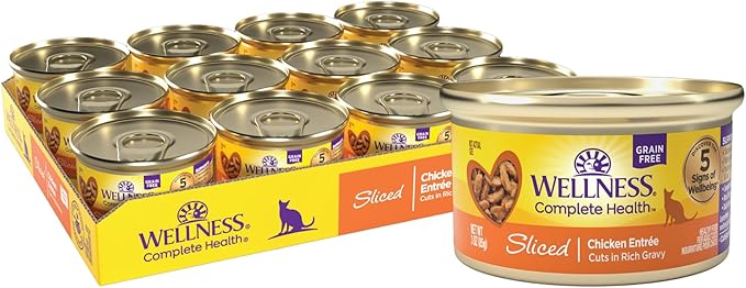 Wellness Complete Health Sliced Adult Wet Cat Food, Natural, Protein-Rich, Grain Free, 3 Ounce, 24 Pack, (Chicken Entrée)