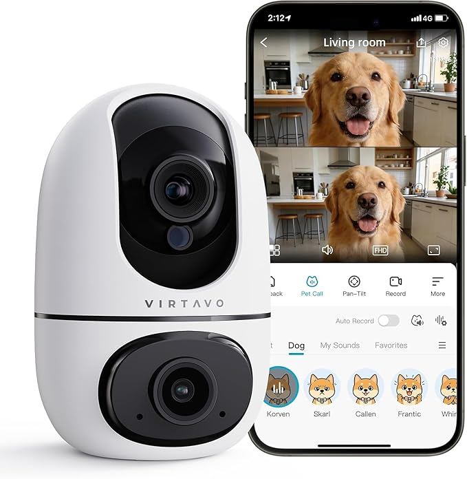 virtavo AI Pet Camera Indoor with Phone App for Dog, Cat & Puppy, 360° Dual-Lens with Auto Tracking & Pet Calling, No Subscription, Wi-Fi 6 (5GHz/2.4GHz), Alexa Compatible, Night Vision