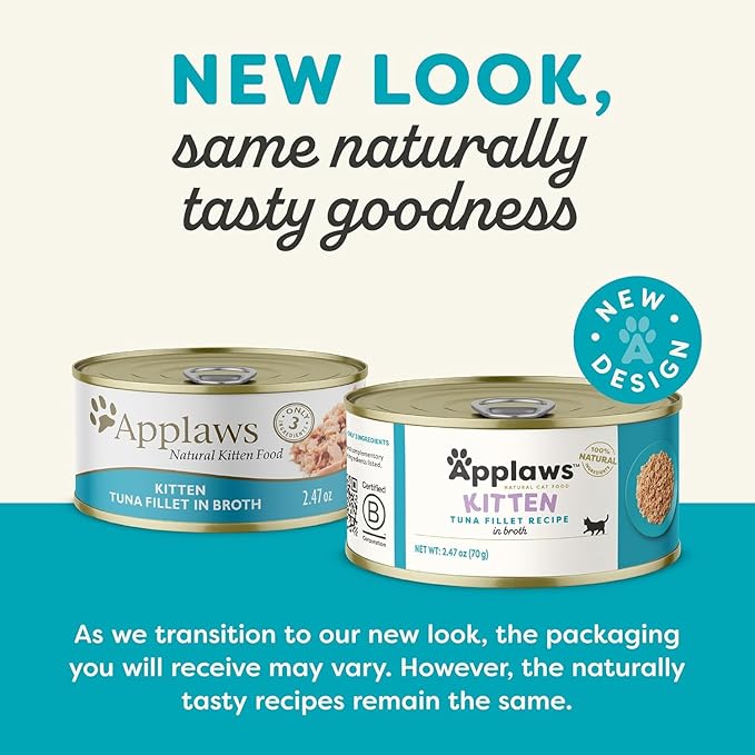 Applaws Canned Wet Kitten Food in 2 Flavors: 6 Tuna Fillet in Broth and 6 Tuna with Salmon in Broth (12 Cans Total, 2.47 Ounces Each) Plus Silicone Lid