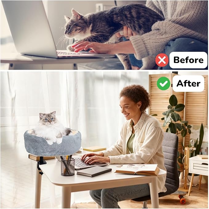 17.5" Large Cat Desk Bed, One-Button Easy Lift & Rotate,Extra Thick Bed,Reversible Two-Tone,Super Soft Plush Faux Fur Pet Bed,Machine Washable Bed, Table Pet Bed,Max load:44 lbs (Light Duo, Large)