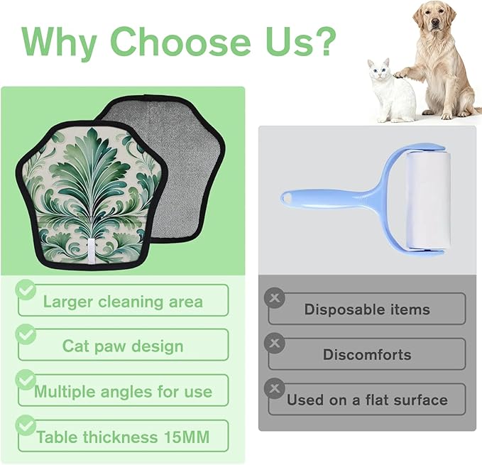 Green Floral Print Electrostatic Pet Hair Removal Glove for Cats & Dogs - Reusable Grooming Mitt for Couch, Carpet, Car Seat & Laundry - Large 9x9 Inch