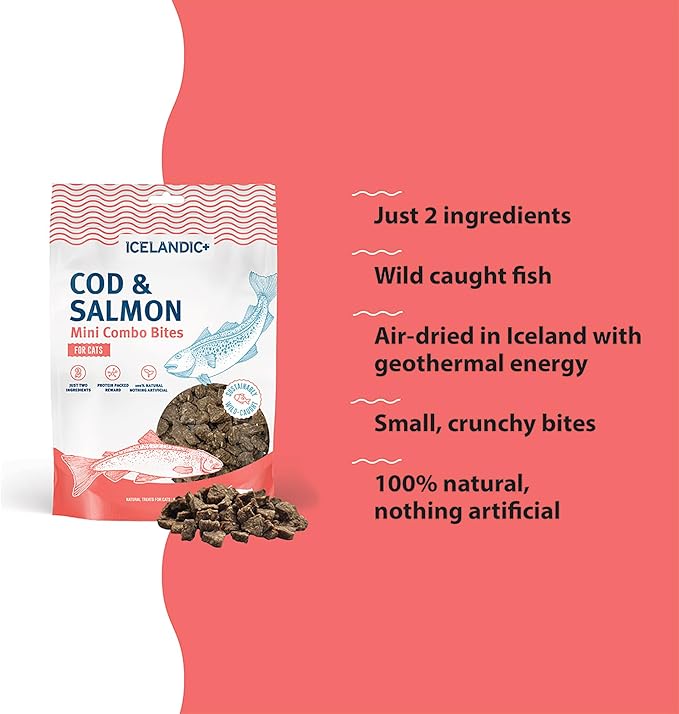 Icelandic+ Mini Combo Bites: Cod & Salmon - 1.7oz Bag - Cat Treats, .25" Crunchy Bites, 2 Ingredient Natural Pet Snacks, No Fillers, Wild-Caught Fish